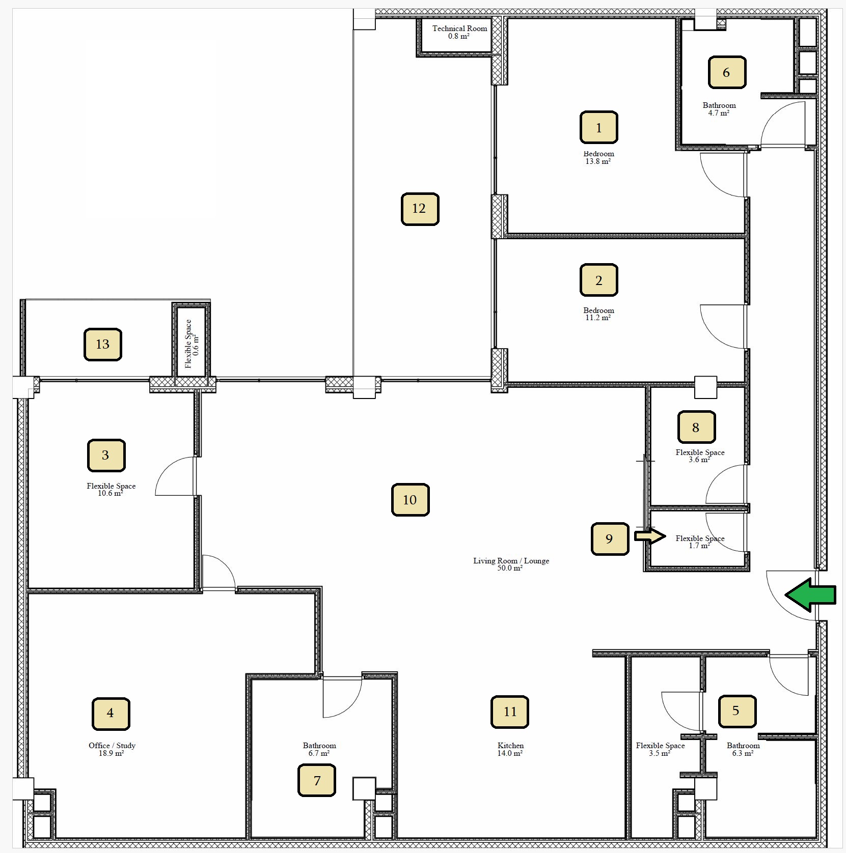 High resolution floor plan showing technical details and measurements of the luxury apartment